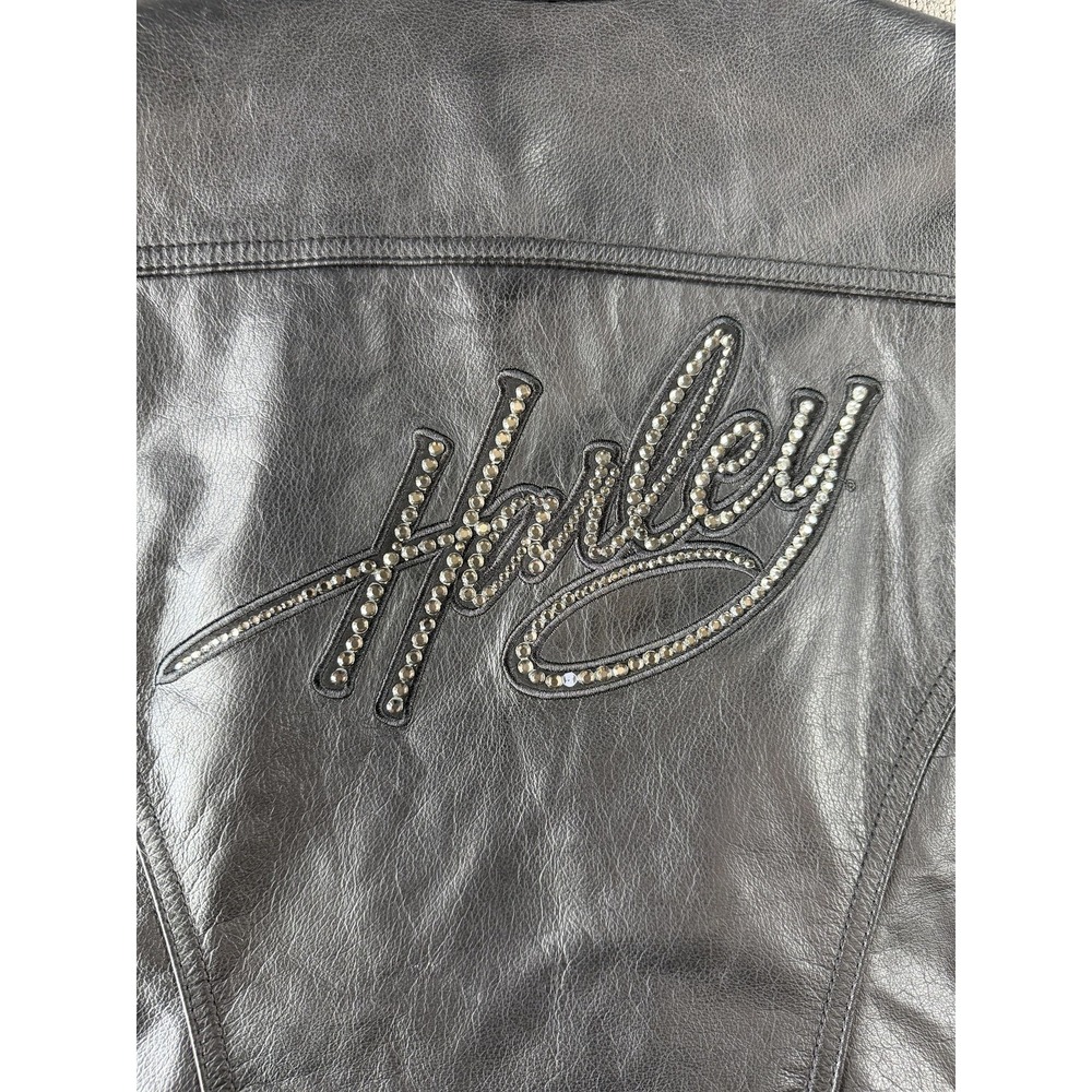 Harley Davidson Jacket Womens Medium Black Leather Motorcycle Rhinestone Zip - Picture 2 of 14
